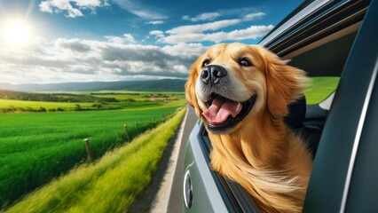 Golden Retriever Dog Enjoying a Car Ride and Head Out the Car Window on a Sunny Day Through the Countryside