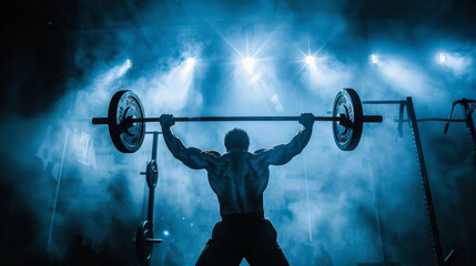 A muscular weightlifter performing an overhead press in a gym, surrounded by dramatic blue lighting and atmospheric smoke.
