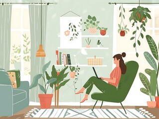 A woman sitting at a desk with a laptop. Working at home concept.