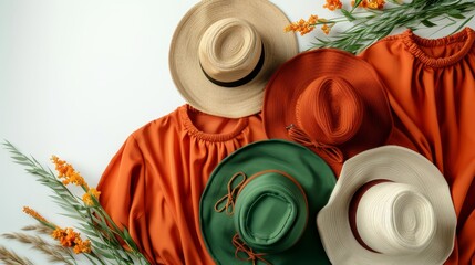  A white table holds orange flowers next to it, upon which a stack of hats rests The top hat is green