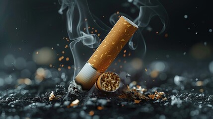 cigarette broken ad squashed in 2 pieces, dark background
