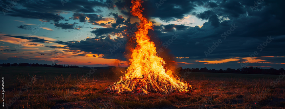 Poster a large bonfire burning at sunset in an open field with dramatic clouds in the background, creating 
