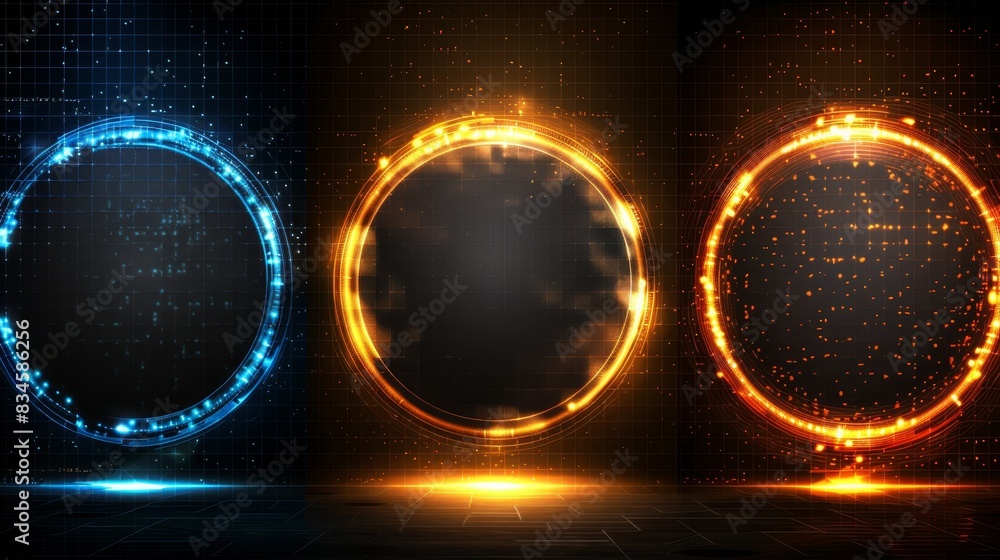 Wall mural  Set of three circular neon lights against a dark backdrop Center space for text or image insertion