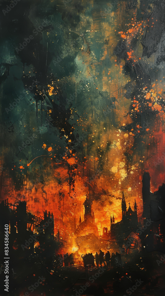 Poster an abstract depiction of a fiery scene with dark structures silhouetted against a colorful sky, blen