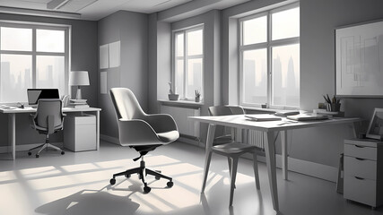 modern office illustration in gray colors, a white table in the background, a window, a table, a person, a chair standing in the foreground, modern.we see the table before our eyes, a cramped office