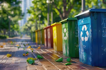 Fototapeta premium A row of colorful trash cans with recycling symbols on them lined up along the sidewalk, set against an urban park backdrop.
