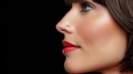 Fototapeta premium A tight shot of a woman's face against a black backdrop Her lips are painted boldly red, and she sports a gold nose ring on the left side