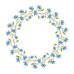 Vector wreath of leaves and flowers. Template for a postcard. Green circle of leaves and flowers. Concept of spring and summer holiday invitation.