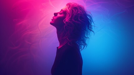  A woman with long hair stands before a pink and blue backdrop, smoke emanating from her face, hair billowing in the wind