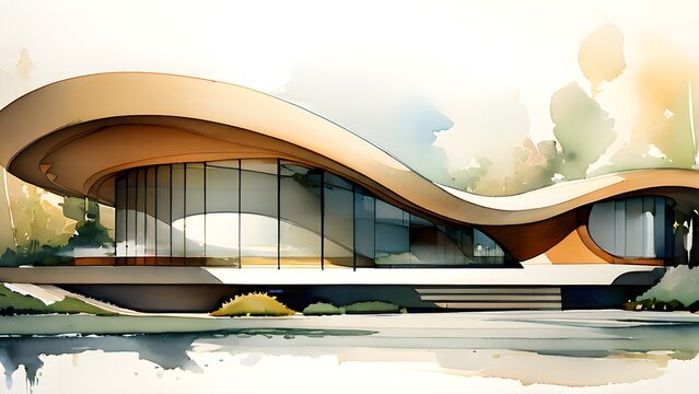 abstract watercolor composition of futuristic architecture with minimalistic modern bio style