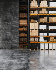 Warehouse interiors with ample spaces, natural light and copyspace.