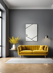 "Living room or reception room with a velvet yellow mustard color sofa. Empty gray wall background for art painted. Modern lounge interior design for office, hotel, or lounge with bright furniture. 3D