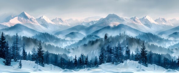 Obraz premium Winter landscape with mountains and pine trees in blue and gray colours.