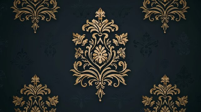 gold damask pattern on a dark background..White or light side: damask pattern in gold on a black background