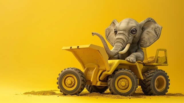 A charming elephant character operating a mini bulldozer with large, friendly eyes, moving happily through its task. The solid yellow background accentuates the elephants grey skin and the bulldozers