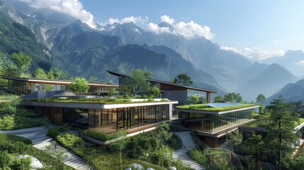 A research facility in a mountainous region, focusing on sustainable energy technologies harmonized with nature