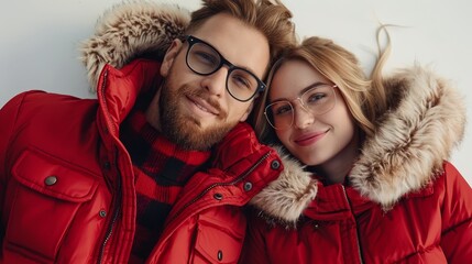  A man and a woman, both wearing glasses, pose with fur-lined hoods and collars draped over their shoulders for the camera