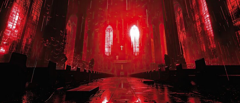 Eerie Gothic Cathedral at Night - Sinister Satanic Symbols in Ominous Red Light