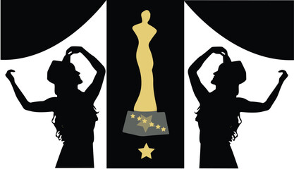 HOLLYWOOD Movie PARTY Gold STAR AWARD Statue Prize Giving Ceremony. Golden award prize concept, Silhouette statue icon. Films and cinema symbol stock, Academy award vector eps