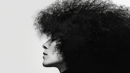 curly afro styled to one side, gaze directed away, against a white backdrop