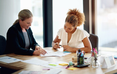 Documents, meeting and business women in office for discussion, legal consulting and agreement. Corporate lawyer, law agency and woman with client and paperwork for contract, collaboration and report