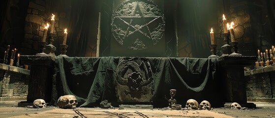 Sinister Satanic Ritual in a Gothic Altar Room with Skulls, Candles and Pentagram