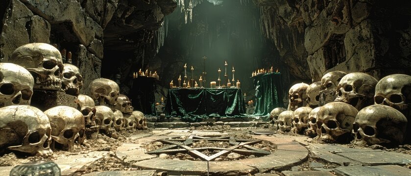 Satanic Ritual Chamber: Dark, Mysterious Altar with Pentagram, Skulls, and Candles for Forbidden Occult Worship