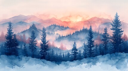 Winter landscape with mountains and pine trees in blue and purple and red warm colours.