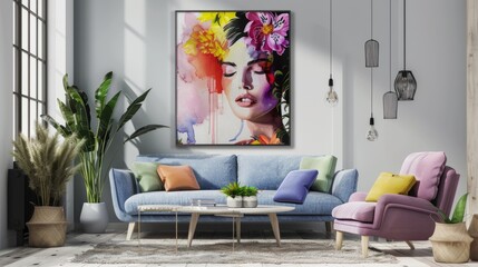 Portrait of a woman with flowers, asbstract paining style poster, living room deco art.