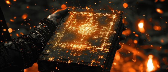 Dark Arts Ritual: Close-Up of Hand with Pentagram Tattoo Holding Ancient Occult Book in Flickering Candlelight