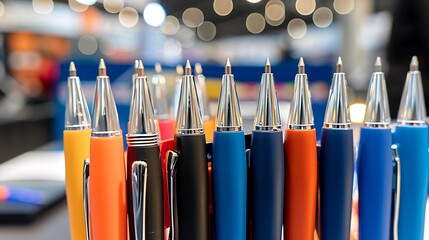 A set of branded promotional ballpoint pens displayed at a marketing event, showcasing their utility as effective advertising tools for businesses and organizations