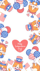 Happy Independence Day poster. Cute patriotic cats dressed in clothes and accessories in colors of American flag on white background. Holiday cartoon kawaii character. Vertical Vector illustration