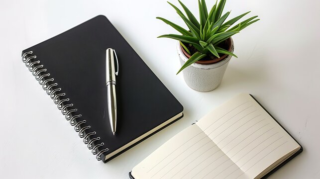 A minimalist workspace featuring a sleek ballpoint pen, a blank notebook, and a potted plant, highlighting the simplicity and elegance of a clutter-free writing environment