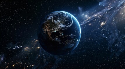 Obraz premium Nightly Planet Earth in Dark Outer Space, Civilization Lights