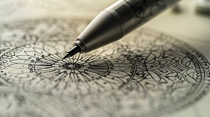 A ballpoint pen creating a mandala pattern on a piece of paper, emphasizing the precision and meditative quality of pen art, perfect for celebrating the intricate beauty of hand-drawn designs