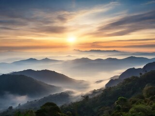 Fototapeta premium sunrise in the misty mountains