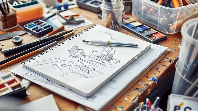 An artist's workspace with a ballpoint pen, sketchbook, and various art supplies, capturing the creative process and the essential tools needed for artistic expression