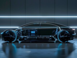 Obraz premium Modern electric car with cutting-edge technology, displayed in a side view, highlighting its innovative design and advanced engineering