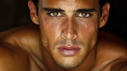 Fototapeta premium A tight shot of one eye on a man's face, the other half concealed by the overlapping side of another man's face
