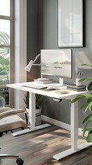 A minimalist standing desk setup with a dual-monitor display in a home office