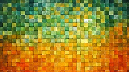 Orange, green color abstract glass square mosaic in grunge style mirror wall texture background banner panorama