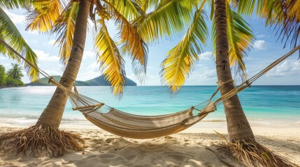 Fototapeta premium A hammock strung between palm trees on a tropical beach, perfect for holiday relaxation