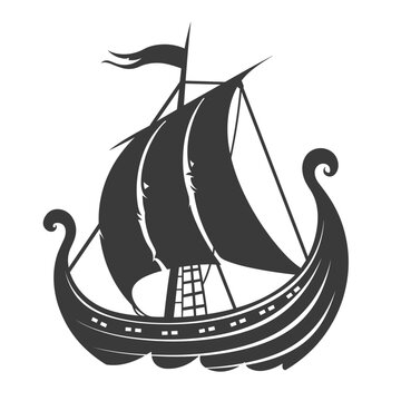 A simple vector logo of an ancient Greek longship with black sails and a white flag