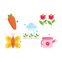 set of Farming icons style flat Illustration with carrot, rain, flower, Butterfly and Watering Can isolated white background. 