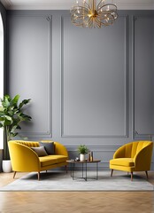 "Living room or reception room with a velvet yellow mustard color sofa. Empty gray wall background for art painted. Modern lounge interior design for office, hotel, or lounge with bright furniture. 3D