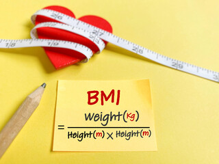 Body Mass Index, BMI formula written on adhesive notepaper background. Health care concept.