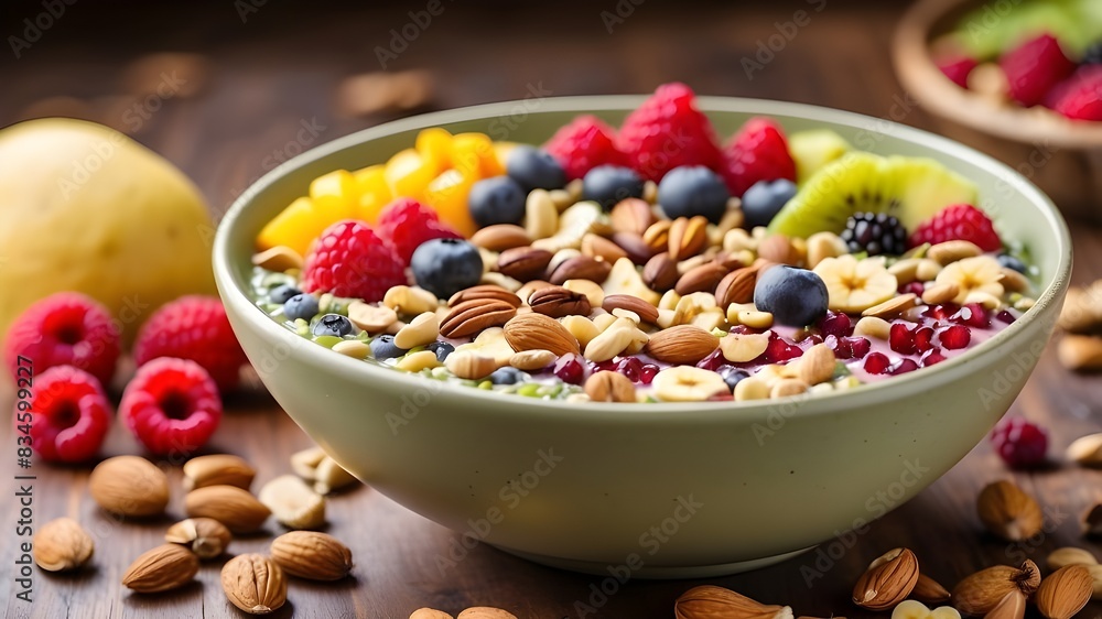 Wall mural A smoothie bowl, artistically topped with slices of fruit and nuts, representing a drinkable meal of health and vitality - Wall murals