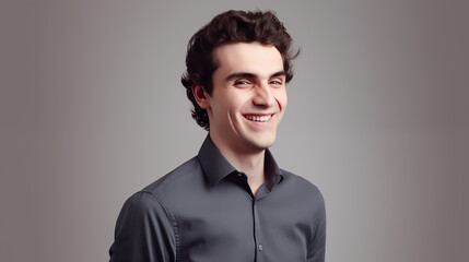 Fototapeta premium Portrait of young handsome smiling business guy wearing a dark gray shirt. Grey background.
