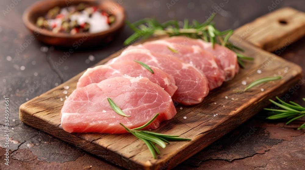 Wall mural fresh raw meat slices of pork cutlet displayed on a wooden cutting board