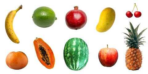 set of fruits isolated on white background, fresh fruit collection 